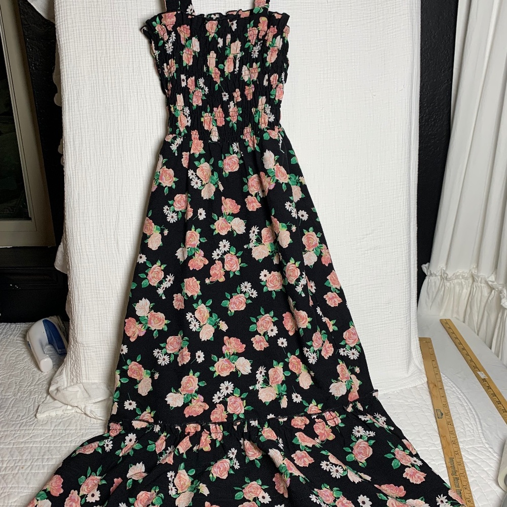 Divided Black floral smocked sundress sz small cottage core boho
